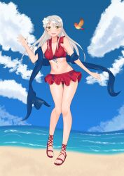 1girls 2d alternate_costume ass_visible_through_thighs bare_legs bare_midriff beach bikini bikini_skirt breasts cleavage enderg female female_only fire_emblem fire_emblem:_radiant_dawn fire_emblem_heroes flower frilled_bikini frills hair_flower long_hair looking_at_viewer medium_breasts micaiah_(fire_emblem) micaiah_(summer)_(fire_emblem) midriff nintendo ocean official_alternate_costume outdoors red_bikini red_swimsuit sandals silver_hair smile solo swimsuit water waving waving_at_viewer yellow_eyes yune_(fire_emblem)