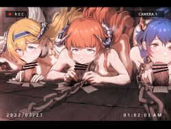 4boys 4girls absurdres ahe_gao arknights bagpipe_(arknights) bangs barefoot blonde_hair blue_hair blue_hairband blush braid censored ch'en_(arknights) chained chains character_request closed_eyes collar collarbone dodok dragon_horns earrings fellatio from_above glory_hole hairband highres horns indoors jewelry kneeling letterboxed long_hair looking_up lownd male_pubic_hair mosaic_censoring multiple_boys multiple_girls nude oral orange_hair penis pointy_ears pubic_hair purple_eyes recording red_eyes saileach_(arknights) shining_(arknights) steaming_body straight twin_braids very_long_hair white_hair