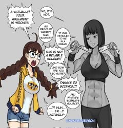 2girls ahoge arguing boobs busty cute emoji english_text freckles fully_clothed funny gigachad glasses gym_clothes impossible_hair jacket jean_shorts jorts long_hair meme mob_face muscular muscular_female nerd nerd_emoji nerd_emoji_girl nerdy_female rule_63 six_pack size_difference speech_bubble t-shirt tagme tomboy towel_around_neck twintails twitter_username wanderjegson yellow_clothing