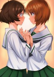 2girls akiyama_yukari blush brown_eyes brown_hair clothed female female_only fingers_interlocked fully_clothed girls_und_panzer green_skirt handholding holding_hands intertwined_fingers light-skinned_female light_skin nishizumi_miho noumen orange_hair sfw simple_background skirt smile yellow_eyes yuri