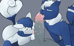 absurd_res anthro bisexual breast_squish breasts collaborative collaborative_fellatio collaborative_sex felid fellatio female genitals girly group group_sex hair_over_eye hi_res i_will_dance_only_if_the_beat_is_funky licking male male/female male/male mammal meowstic mostly_nude narrowed_eyes neck_tuft nintendo one_eye_obstructed oral penile penis penis_lick pokémon_(species) pokemon pokemon_(species) scarf scarf_only seductive sex squish threesome tongue tongue_out trio tuft video_games