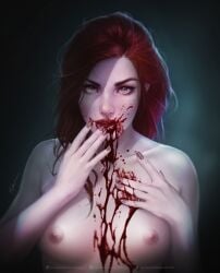 1girls blood blood_in_mouth blood_on_body blood_on_breasts blood_on_face blood_on_mouth blood_splatter bloodrayne breasts casual completely_nude completely_nude_female female green_eyes krysdecker nails naked nipples pale_skin r rayne red_hair solo staring teeth vampire white_body