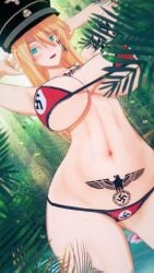 3d artoria_pendragon artoria_pendragon_(lancer) big_breasts bikini bleachedartoria blonde_hair blue_eyes earrings fate/grand_order fate_(series) flag_print hands_behind_head hat hourglass_figure inverted_swastika inverted_swastika_bikini iron_cross iron_cross_earring koikatsu long_blonde_hair military_hat nazi nazi_reichsadler tattoo tattoo_on_chest tattoo_on_stomach thick_thighs white_skin