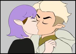 1boy 1girls amity_blight closed_eyes colored comic_panel devilishrr disney disney_channel disney_xd duo eyebrows_visible_through_hair female french_kiss fully_clothed grabbing_clothing grey_background hand_on_chest head_shot hunter_(the_owl_house) kissing male neck parody purple_hair robe short_hair straight_hair the_owl_house