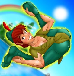 black_hair black_hair_bottom bulge clothed domination gay legs_up light_hair_on_dark_hair male male_only muscular peter_pan_(character) peter_pan_(disney) presenting_anus presenting_ass rcc2002 red_hair red_hair_on_black_hair red_hair_top smiling_at_viewer solo_male spread_legs teen_boy twink