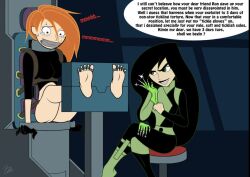 2girls barefoot bdsm bondage bound bound_ankles bound_to_chair bound_toes bound_wrists briel7 chair chair_bondage claw_gloves disney disney_channel english_text evil_grin feet female female_only femdom femsub foot_fetish gag gagged gloves green_eyes grin helpless imminent_tickling interrogation kim_possible kimberly_ann_possible restrained scared shego sitting soles spy tape_gag taped_mouth text tickle_torture tickling toe_bondage torture wide_eyed yuri