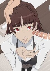 1boy blush braid brown_hair censored erection female kamishakujii_(poppenheim) makoto_niijima penis persona persona_5 poppenhaimu red_eyes