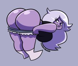 1girls amethyst_(steven_universe) ass bent_over big_ass bubble_butt cartoon_network clothing female female_only gem_(species) huge_ass looking_at_viewer looking_back mooning mythabyss purple_skin shirt shorts shorts_down shortstack solo steven_universe white_hair