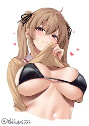 bangs bikini black_bikini black_ribbon blush breasts closed_mouth clothes_lift cropped_torso ebifurya female hair_between_eyes hair_ribbon hand_up heart highres kantai_collection large_breasts lifted_by_self light_brown_hair long_hair long_sleeves looking_at_viewer murasame_(kantai_collection) navel one-hour_drawing_challenge raised_eyebrows ribbon sailor_collar simple_background skindentation solo swimsuit twintails twitter_username underboob upper_body white_background