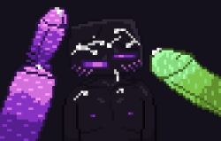 2d blush blush_lines cum dingbox(artist) ejaculation el_the_enderman(dingbox) enderman glowing_eyes glowing_penis green_penis minecraft orgy pixel_art purple_eyes purple_penis simple_background