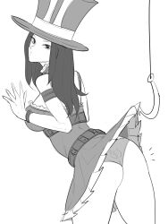 2020 ass assisted_exposure bent_over caitlyn_kiramman dress dress_lift greyscale hat hook league_of_legends long_hair looking_at_viewer looking_back nd_(artist) panties print_panties riot_games standing tagme thighs top_hat