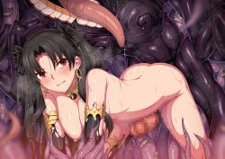 2d all_fours armlet ass bangs black_gloves black_hair black_ribbon blush breasts censored clenched_teeth earrings elbow_gloves erection fate/grand_order fate_(series) female gloves hair_ribbon hanging_breasts hoop_earrings horosuke_(toot08) imminent_penetration ishtar_(fate) jewelry lahmu_(fate) large_breasts long_hair monster mosaic_censoring neck_ring nipples nude parted_bangs parted_lips penis red_eyes restrained revision ribbon solo teeth tentacle thighs tongue torn_clothes two_side_up wet