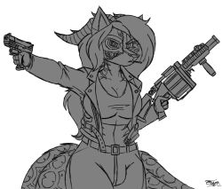 anthro belt bottomwear canid canine clothed clothing cybernetics cyborg digital_drawing_(artwork) digital_media_(artwork) facial_markings female fox gun head_markings hi_res holding_gun holding_object holding_weapon horn jacket machine mammal markings monochrome open_clothing open_jacket open_topwear pants ranged_weapon shiro_(kuroraxiii) shirt signature simple_background smoking solo tail_markings toddrogue69 topwear weapon white_background