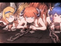 4boys 4girls absurdres ahe_gao arknights bagpipe_(arknights) bangs barefoot blonde_hair blue_hair blue_hairband blush braid censored ch'en_(arknights) chained chains closed_eyes collar collarbone dodok dragon_horns earrings fellatio from_above glory_hole hairband highres horns indoors jewelry kneeling letterboxed long_hair looking_up lownd male_pubic_hair mosaic_censoring multiple_boys multiple_girls nude oral orange_hair penis pointy_ears pubic_hair purple_eyes red_eyes saileach_(arknights) steaming_body straight twin_braids very_long_hair white_hair