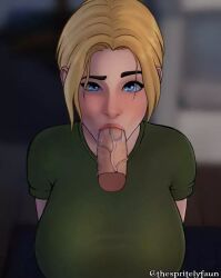 blonde_hair blowjob blue_eyes elite_skin female green_clothing iq_(rainbow_six) kneeling partial_male rainbow_six rainbow_six_siege short_hair thespritelynfaun tom_clancy ubisoft