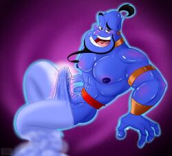 aladdin blue_skin boner disney erect_penis erection erection_under_clothing genie_(aladdin) hard_on male_only male_solo muscles muscular muscular_male rcc2002 teasing