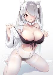 1girls :d alternate_breast_size azur_lane bikini bikini_under_clothes black_bikini breasts cleavage collar collarbone cone_hair_bun covered_navel dermar detached_sleeves female female_only frilled_legwear front-tie_bikini front-tie_top grey_hair hair_bun hair_over_one_eye highres kiev_(azur_lane) kneeling large_breasts light-skinned_female light_skin long_hair long_sleeves nipple_slip nipples northern_parliament_(azur_lane) open_mouth pantyhose pom_pom_(clothes) red_eyes signature simple_background smile solo spread_legs swimsuit thighband_pantyhose thighs twintails very_long_hair white_background white_legwear wide_sleeves