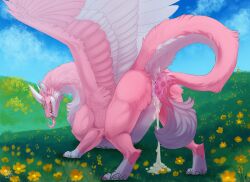 blue_eyes bodily_fluids claws cum dragon eyewear female feral flower_field fur furred_dragon furry genital_fluids glasses hi_res horn kettimurr leaking_cum leg_markings looking_pleasured markings pink_body pink_fur pink_tail ryzia solo white_body white_fur white_tail wings