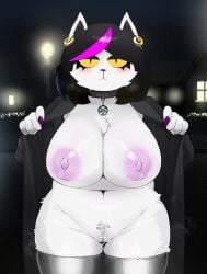 anthro areola big_areola big_breasts big_nipples black_hair blush bodily_fluids breasts catti_(deltarune) chest_tuft chubby chubby_female clothed clothing collar deltarune domestic_cat ear_piercing felid feline felis female fur furry furry_only genital_fluids goth hair hi_res huge_areola huge_breasts huge_nipples legwear looking_at_viewer mammal mdthetest mostly_nude nipples pentagram piercing presenting presenting_breasts pussy pussy_juice slightly_chubby solo thigh_highs tuft undertale_(series) video_games white_body white_fur yellow_eyes