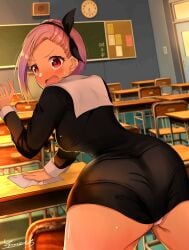 1girls absurdres artist_signature ass bending_over bent_over big_butt black_clothing blush breasts cameltoe classroom clothes_lift desk female highres hourglass_figure indoors kaguya-sama_wa_kokurasetai_~tensai-tachi_no_renai_zunousen~ koyasu_tsubame large_ass large_butt looking_at_viewer looking_back open_mouth panties pantylines pantyshot pantyshot_(standing) partially_clothed pink_hair red_eyes sailor_collar school_uniform seifuku skirt skirt_lift solo sunset surprised sweatdrop tagme thick_ass thick_thighs thong underwear