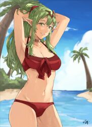 1girls alternate_costume arms_up bare_thighs beach bikini breasts cleavage english_commentary female female_only fire_emblem fire_emblem_awakening fire_emblem_heroes gold_choker green_eyes green_hair highres long_hair looking_at_viewer medium_breasts navel nintendo official_alternate_costume open_mouth outdoors palm_tree pointy_ears ponytail red_bikini red_swimsuit sakuremi smile solo swimsuit thighs tiki_(adult)_(fire_emblem) tiki_(adult)_(summer)_(fire_emblem) tiki_(fire_emblem) tree