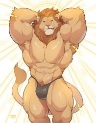 anthro barely_clothed big_bulge big_muscles flexing fluffy_body fluffy_tail giraffe_(artist) huge_muscles lion male mane muscular_arms muscular_chest muscular_male muscular_thighs pose tagme tall_male