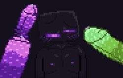 2d blush blush blush_lines dingbox(artist) el_the_enderman(dingbox) enderman glowing_eyes glowing_penis green_penis minecraft orgy pixel_art precum purple_eyes purple_penis simple_background