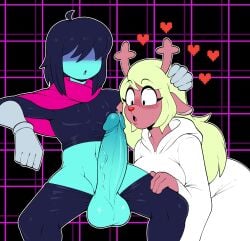 big_penis blue_penis blue_skin deltarune furry hearts_around_head kris_(deltarune) mehdrawings noelle_holiday penis penis_out white_clothing