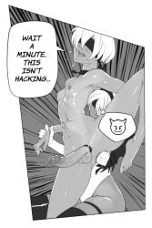 1boy 1girls anal anal_insertion blindfold bulge clothed_female clothed_female_nude_male cock_ring deep_fisting deep_insertion english_text erect_nipples erect_penis erection femboy femdom fisting greyscale leg_lift leg_up nier nier:_automata nipples nude_male nude_male_clothed_female open_mouth penis precum precum_while_penetrated standing standing_on_one_leg stomach_bulge tailbox text tongue tongue_out yorha_2b yorha_9s