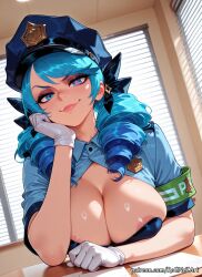 1girl 2026 ai_generated alternate_costume anime areola_slip armband bangs black_bow blinds blue_eyes blue_hair blue_shirt boobs bow breasts cleavage closed_mouth collared_shirt crossover drill_hair eye_contact female female_focus female_only gloves gwen_(league_of_legends) hair_bow hand_up handwear hat highres huge_breasts indoors inside large_breasts league_of_legends long_hair looking_at_viewer neutral_expression nsfw patreon patreon_username peaked_cap pigtails police police_hat police_uniform policewoman riot_games rognezart shiny shiny_hair shiny_skin shirt short_sleeves smile smiling solo sweat sweaty swept_bangs twin_drills twintails uniform upper_body very_long_hair web_address white_gloves window