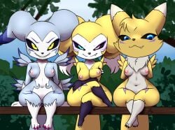 anthro bandai_namco breast_squish breasts cleavage clothed clothing crossed_arms crossed_legs cute_fangs dark_sclera digimon digimon_(species) facial_markings female fur furball_(artist) garurimpmon garurumon genitals grey_body grey_fur grin group hands_behind_back head_markings heterochromia hybrid impmon jeina_garurimpmon_(character) looking_at_viewer markings navel nipples nude plant pussy renamon renimpmon renimpmon_x short_stack shortstack small_feet smile squish tree trio yakizu_asaki yellow_body yellow_fur