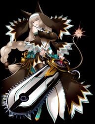 1girl aqua_eyes bare_shoulders blonde_hair blunt_bangs blush bombergirl braid breasts brown_hair castlevania_(series) chainsaw detached_sleeves female_focus full_body fuse_tail green_eyes holding holding_chainsaw huge_breasts large_breasts lit_fuse long_hair long_sleeves looking_at_viewer nun official_art open_mouth png ponytail sepia_belmont single_braid smile solo standing tagme tail transparency transparent_background transparent_png very_long_hair