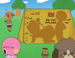 1boy 1girls 2girls 3boys all_fours animal_crossing blush bubble_butt canid canine canis chubby completely_nude dialogue digby_(animal_crossing) doggy_style english_text erik_(animal_crossing) female isabelle_(animal_crossing) lantern male marina_(animal_crossing) nintendo phone recording semi_public sex silhouette tagme tent text tree trees villager_(animal_crossing) zlut385
