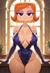 ai_generated ai ai_art stable_diffusion debbie_turnbull robotboy milf gloves looking_at_viewer short_hair red_hair cleavage big_breasts breasts standing thick_thighs thighs partially_clothed