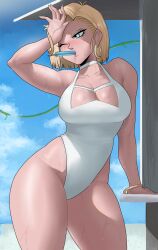 1girls 2022 absurd_res android_18 beach blonde_female blonde_hair blue_eyes breasts dragon_ball dragon_ball_z echosaber female food hips large_breasts object_in_mouth one-piece_swimsuit outdoors popsicle short_hair slim_waist solo sweat sweaty_body swimsuit thick_thighs thighs white_swimsuit wide_hips