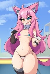 1girls 2022 ai.mi animal_ears asymmetrical_clothes asymmetrical_sleeves bikini blush cat_ears fangs female_focus female_only gloves heterochromia long_hair looking_down nail_polish navel omega_strikers outside paw_pose pink_hair pink_tail sharp_teeth side-tie_bikini single_thighhigh slim_waist small_breasts small_waist solo solo_female solo_focus source_request standing sweat tagme tail thighhighs thighs thin_waist vadaboob very_long_hair wet