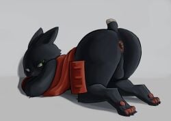 anthro anus ass_up backsack balls black_body black_fur butt cartoon_network cashart clothing digital_media_(artwork) domestic_cat feet felid feline felis fur genitals green_eyes hi_res looking_back male mammal mao_mao:_heroes_of_pure_heart nude pawpads sheriff_mao_mao_mao simple_background solo tail toes