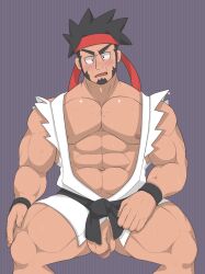 balls bara blush facial_hair game_freak gay headband karate_gi male male_only muscles muscular nintendo npc_trainer palchamon penis pokemon solo solo_male spread_legs sweaty