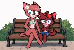 1boy 1boy1girl 1girl age_difference ai_generated barefoot bikini crossed_legs delia_(ajmarekart) domestic_cat female furry male mother_and_child mother_and_son murphy_(ajmarekart) murphy_and_mitzi shorts sitting tagme