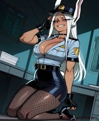 1girl absurdres aesthetic ai ai_generated alternate_costume animal_ears anime art artist_name belt black_belt black_choker black_footwear black_gloves black_headwear black_skirt blue_shirt blush boku_no_hero_academia breast_pocket breasts brown_pantyhose chalkboard choker cleavage collarbone collared_shirt comic cover dark-skinned_female dark_skin desk digital fingerless_gloves fishnet_pantyhose fishnets full_body generated gloves grin half-closed_eyes hand_up hat high high-waist_skirt high_heels highres indoors kneeling large_breasts line long long_eyelashes long_hair looking_at_viewer manga miniskirt mirko miruko multiple my_hero_academia my_hero_academia_(finale) page painting panel panels pantyhose parted_bangs partially_unbuttoned patreon_username pencil_skirt phanary pocket police police_badge police_hat police_uniform policewoman quality rabbit_ears rabbit_girl rabbit_tail red_eyes rumi_usagiyama salute seiza shading shirt shirt_tucked_in short_sleeves sitting skirt smile soft solo strip style tail teeth thick_thighs thighs toned uncensored uniform usagiyama_rumi white_hair