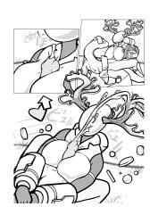 1boy 1girls 2022 anthro artificer_(risk_of_rain) boobjob clothed clothed_sex comic cum cumshot excessive_cum female helmet hi_res lemurian lizard male male/female monochrome monster monster_on_female paizuri risk_of_rain risk_of_rain_2 zoquete