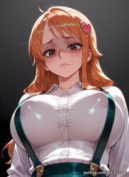 1girl 2026 ai_generated anime bangs black_background blush boobs breasts brown_eyes cleavage closed_mouth collared_shirt covered_nipples crossover eye_contact female female_focus female_only flushed from_below gradient_background hair_accessory hair_ornament heart heart_hair_ornament highres huge_breasts large_breasts lips long_hair looking_at_viewer looking_down low_angle nami_(one_piece) neutral_expression nsfw one_piece orange_eyes orange_hair patreon patreon_username rognezart shaded_face shirt skirt solo suspenders upper_body very_long_hair web_address white_shirt