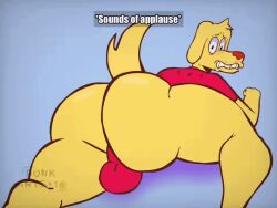 2boys animated anthro artist_signature ass ass_clapping blue_eyes blush blushing bouncing_ass bubble_butt bulge canine clapping_ass clapping_cheeks dog dog_boy donk_arts duo embarrassed embarrassed_expression femboy floppy_ears furry gay gif girly gluteal_fold gooseworx grimace gritted_teeth gritting_teeth humanoid kinger_(the_amazing_digital_circus) laying_down laying_on_stomach looking_back male male_only raised_tail reaction_bubble scratch_(tadc) scratch_(the_amazing_digital_circus) shaking_ass shirt snout tadc tail text the_amazing_digital_circus thick_thighs twerking underwear wide_eyed yellow_body yellow_fur