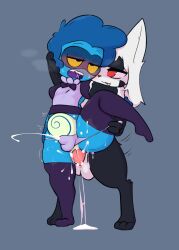 2023 abdominal_bulge anal anal_orgasm anal_penetration anthro anthro_on_anthro anthro_penetrated anthro_penetrating anthro_penetrating_anthro balls black_body black_fur black_markings black_nose black_scarf blue_body blue_hair blush blush_lines bodily_fluids bow_tie breath clothing cum cum_in_clothing cum_inside cum_through_clothing cumshot defunctumbra digitigrade duo ejaculation facial_markings felid feline fur genital_fluids genitals grey_background hair hands-free head_markings hi_res leg_tuft legwear looking_pleasured male male/male male_penetrated male_penetrating male_penetrating_male mammal markings narrowed_eyes open_mouth orange_sclera orgasm panties pattern_clothing pattern_scarf penetration penile penile_penetration penis penis_in_ass pink_penis purple_body purple_clothing purple_panties purple_underwear raised_leg red_eyes saliva scarf sex simple_background standing standing_sex striped_clothing striped_scarf stripes sweat sweatdrop thick_thighs thigh_highs thrusting topwear tuft umbra_(defunctumbra) underwear wet wet_clothing white_balls white_body white_fur white_hair white_scarf yellow_body