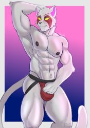 2025 abs anthro areola artist_name barazoku biped border bulge clothed clothing colored darolion detailed_bulge domestic_cat epic_games felid feline felis fingers fortnite front_view fur glowing glowing_eyes gradient_background grey_border hand_behind_head hi_res humanoid_hands jockstrap jockstrap_only long_tail looking_at_viewer male male_only mammal muscular muscular_anthro muscular_arms muscular_legs muscular_male navel nipples nyanja_(fortnite) pecs portrait pose red_clothing red_jockstrap red_underwear shaded simple_background smile solo standing tail text three-quarter_portrait topless underwear underwear_only white_body white_fur yellow_eyes