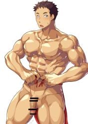 1boy 2021 abs balls beefy biceps big_glans blush breasts broad_shoulders brown_eyes brown_hair censor_bar censored censored_penis collarbone completely_nude dated embarrassed etchu_fundoshi flaccid fundoshi fundoshi_only gay hi_res japanese_clothes looking_at_viewer male male_only manly mature_male muscles muscular muscular_arms muscular_legs muscular_male muscular_neck muscular_thighs no_body_hair nude original original_character pecs penis pointless_censoring putting_clothes_on quadriceps red_fundoshi retracted_foreskin robronx35498_(pixivid=35498) shaved_crotch shocked short_hair six_pack solo standing tying tying_fundoshi yaoi