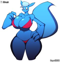 10s 1girls 2018 4k abstract_background absurd_res anthro belly_button big_breasts big_tail bikini bikini_pull blue_body blue_fur blue_skin blush breast_squish breasts canid canine cap cleavage clothed clothing curvaceous curvy curvy_body curvy_female curvy_figure digital_drawing_(artwork) digital_media_(artwork) eyelashes female female_focus female_only fingers fox hand_on_hip hat hi_res hourglass_figure huge_breasts kali_(kilinah) kili_(kilinah) long_tail mammal navel nipple_outline simple_background skimpy skimpy_bikini slim_waist small_waist smile solo superix swimwear thick_thighs underboob voluptuous wide_hips