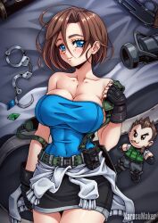 1girls belt blue_eyes brown_hair capcom chris_redfield cleavage cropped dakimakura dbd dead_by_daylight doll gloves gun handcuffs huge_breasts jill_valentine jill_valentine_(julia_voth) karosu-maker looking_at_viewer plushie resident_evil resident_evil_3 shotgun tubetop watermark weapon