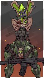 accessory angry anthro armpit_fetish balls bodily_fluids bodysuit brown_body brown_fur camo camo_print chastity_cage chastity_device clothed clothing ear_piercing eye_patch eyeshadow eyewear fur genital_fluids genitals green_eyes green_hair gun hair hands_behind_head hi_res lagomorph leporid limetentacle looking_at_viewer makeup male mammal multicolored_hair muscular pattern_clothing penis piercing rabbit ranged_weapon rifle scar simple_background skinsuit solo teeth thick_thighs tight_clothing torn_clothing warrior weapon wide_hips