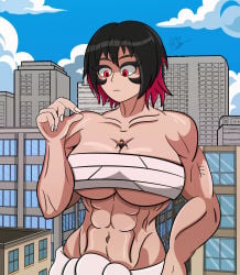 abs big_beautiful_women:_giantess_dating_action black_hair black_hair_female black_haired_female chest_wraps dark-haired_female dark_hair dark_hair_female dialogue doodle_mario extreme_size_difference female_abs female_pred giant_female giantess highlights jun_(big_beautiful_women) large_breasts larger_female macro macro/micro macro_female male_prey muscular muscular_female oc red_highlights size_difference smaller_male someone_else's_oc